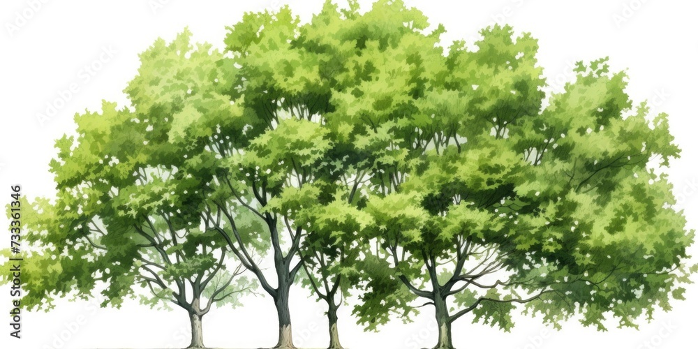 Fototapeta premium A painting depicting a group of trees with lush green leaves. Ideal for nature-themed projects or as a background image for various design purposes