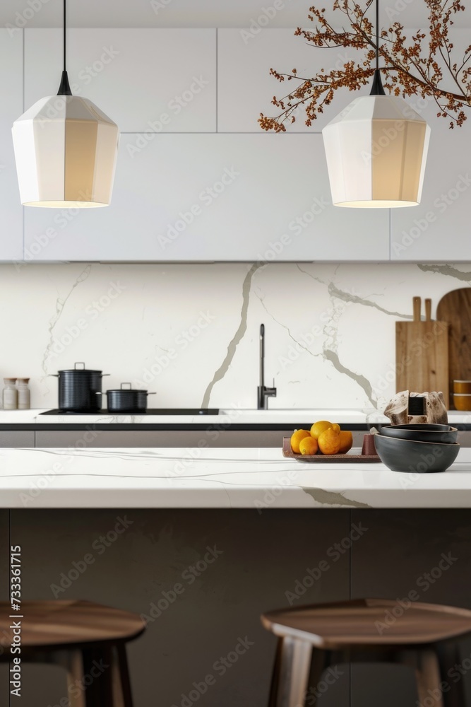 A modern kitchen with two stools next to a counter. This image can be used to depict a cozy and functional kitchen space A modern kitchen with two stools next to a counter. This image can be used to depict a cozy and functional kitchen space