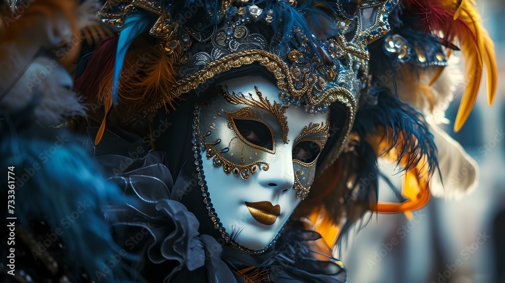 Mysterious venetian mask, carnival elegance. exquisite masquerade, enigmatic expression. festive costume details. celebratory atmosphere. AI