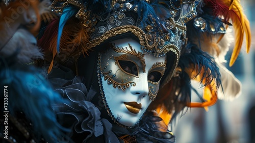 Mysterious venetian mask, carnival elegance. exquisite masquerade, enigmatic expression. festive costume details. celebratory atmosphere. AI © Irina Ukrainets