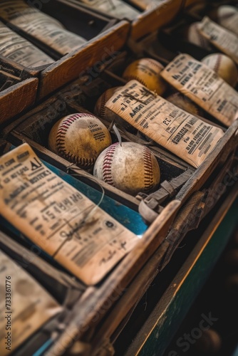 A collection of old baseballs neatly arranged in a wooden box. Perfect for sports memorabilia enthusiasts or vintage-themed designs