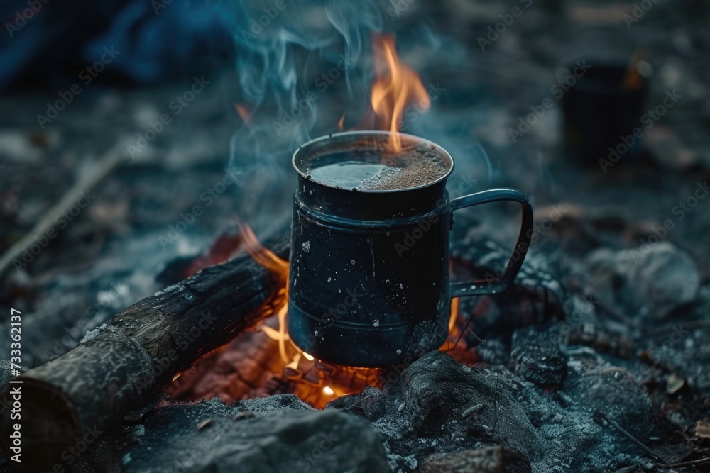 A cup of coffee sitting on top of a fire. Perfect for illustrating concepts of warmth, comfort, and relaxation. A cup of coffee sitting on top of a fire. Perfect for illustrating concepts of warmth, comfort, and relaxation.