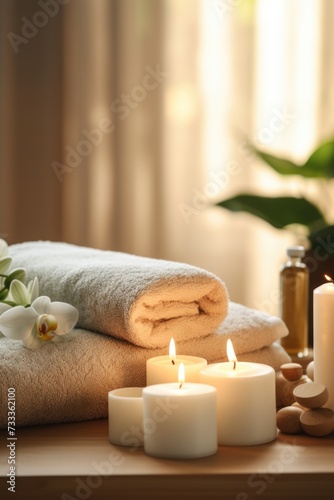 A beautifully arranged table with towels and candles, perfect for creating a cozy and inviting atmosphere. Ideal for home decor, spa, or relaxation-themed projects