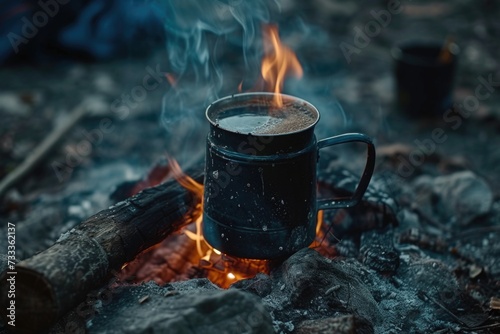 A cup of coffee sitting on top of a fire. Perfect for illustrating concepts of warmth, comfort, and relaxation.