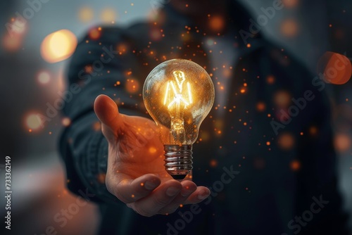 A person's hand holds a glowing light bulb, illuminating the darkness with a bright idea
