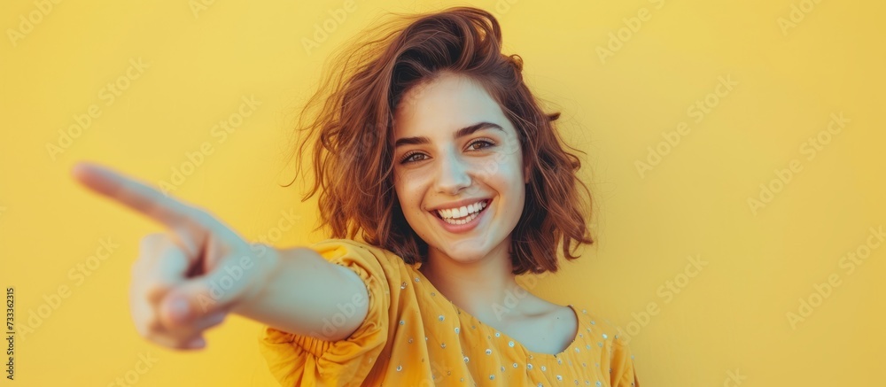 Smiling Young Woman Pointing: A Radiant Smiling Young Woman Pointing with Confidence and Joy Smiling Young Woman Pointing: A Radiant Smiling Young Woman Pointing with Confidence and Joy