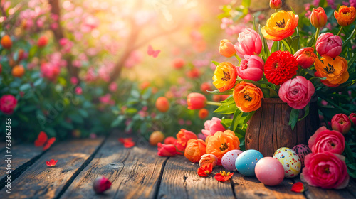A  vase filled with flowers sits on a wooden table, Easter eggs, butterflies in the air, against a blooming spring garden backdrop
