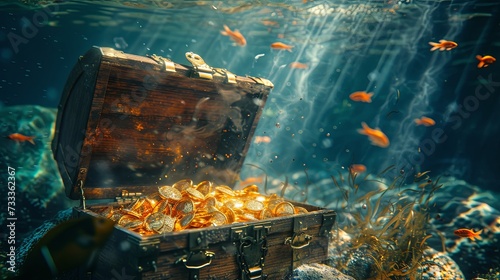 Open pirate chest on sea bottom with golden coins treasure wallpaper background 