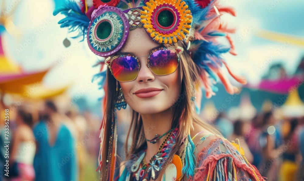 Beautiful girl on carnival with colorful face dress and sunglasses