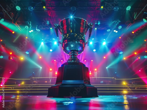 The image captures a magnificent trophy placed at the center of an elaborate stage, bathed in a spectacle of multicolored lights, with vibrant beams in shades of red, blue, and green creating a dramat