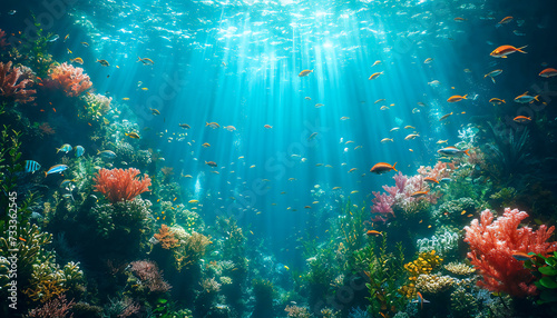 Sunlight Piercing Through Water in an Aquatic Scene with Vibrant Fish