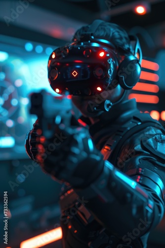 A man wearing a futuristic suit holding a gun. Perfect for sci-fi or action-themed projects