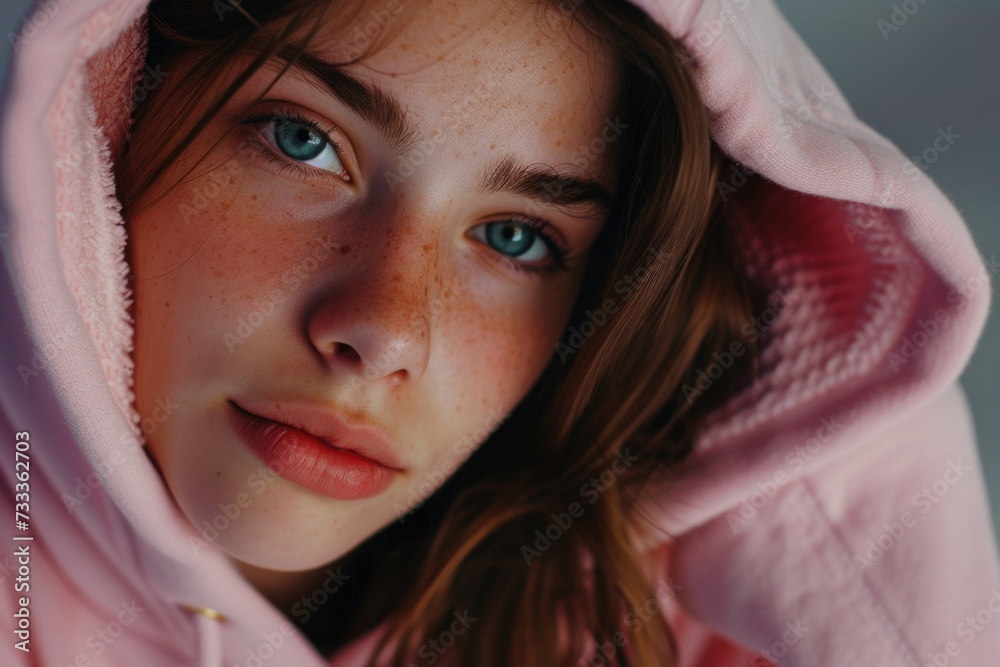 Person wearing a pink hoodie up close. Versatile image suitable for various themes and concepts