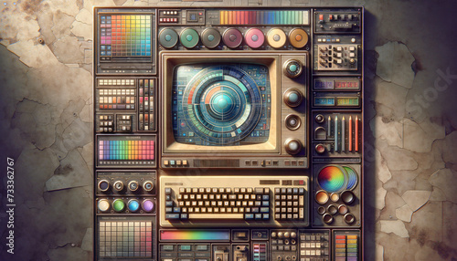 Vintage-inspired user interface with digital disintegration and tranquil chromatics.