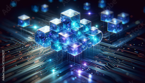 Futuristic serverless computing network with glowing cubes and beams