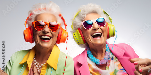 senior women listening to music in headphones and smiling while standing against grey background