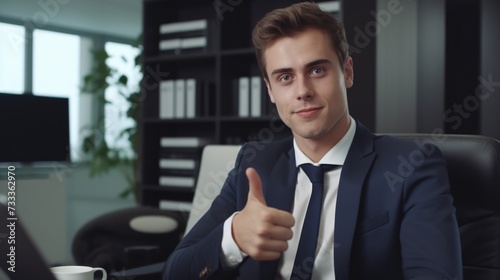 A man dressed in a suit giving a thumbs up gesture. Suitable for business, success, and approval concepts