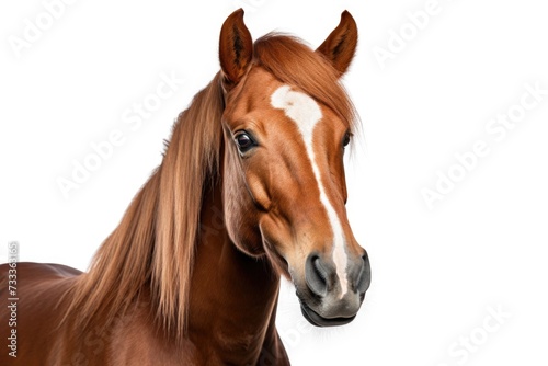 A brown horse with a distinctive white spot on its forehead. This versatile image can be used in various contexts