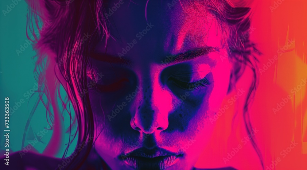 Fototapeta premium Graphic of a girl with depression in the style of color-blocked shapes