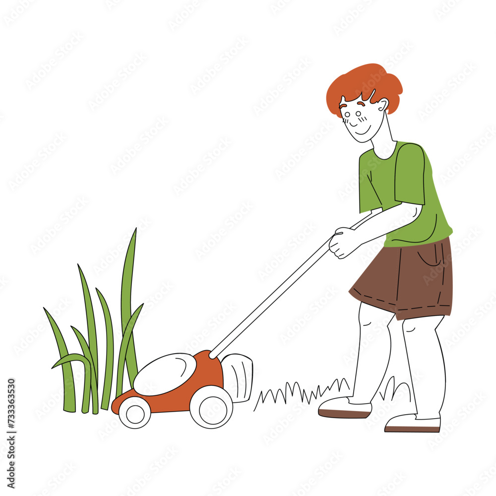 Gardening on the farm. A man mows the grass with a lawnmower, spring work in the garden. Flat colored vector illustration isolated on white background. Gardening on the farm. A man mows the grass with a lawnmower, spring work in the garden. Flat colored vector illustration isolated on white background.