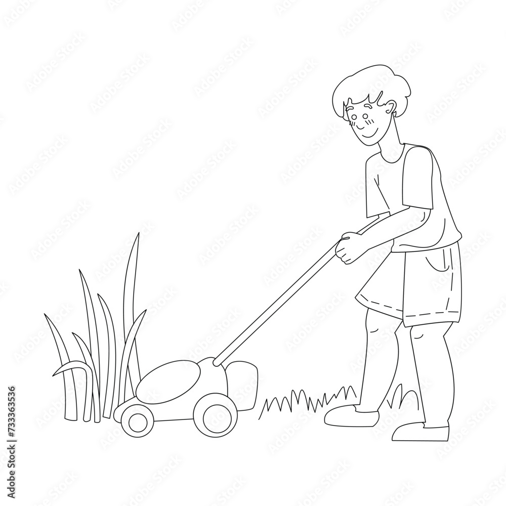 Gardening on the farm. A man mows the grass with a lawnmower, spring work in the garden. Line vector illustration isolated on white background.