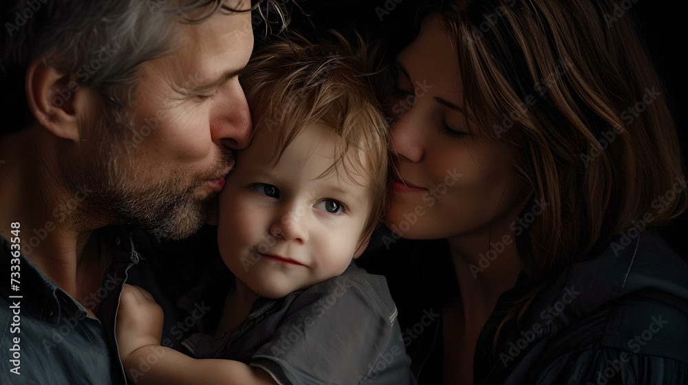 Loving family embracing in a tender moment, portrayal of parenthood and unity, captured in a studio setting with a dark background. AI Loving family embracing in a tender moment, portrayal of parenthood and unity, captured in a studio setting with a dark background. AI