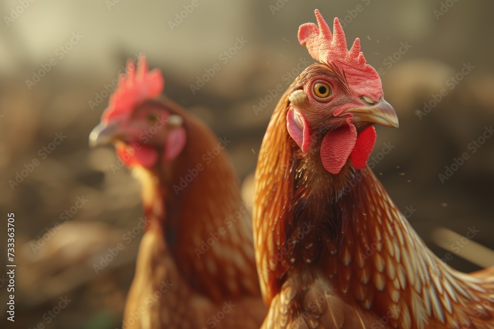 Two chickens standing side by side. Suitable for farm-related projects or illustrating companionship.