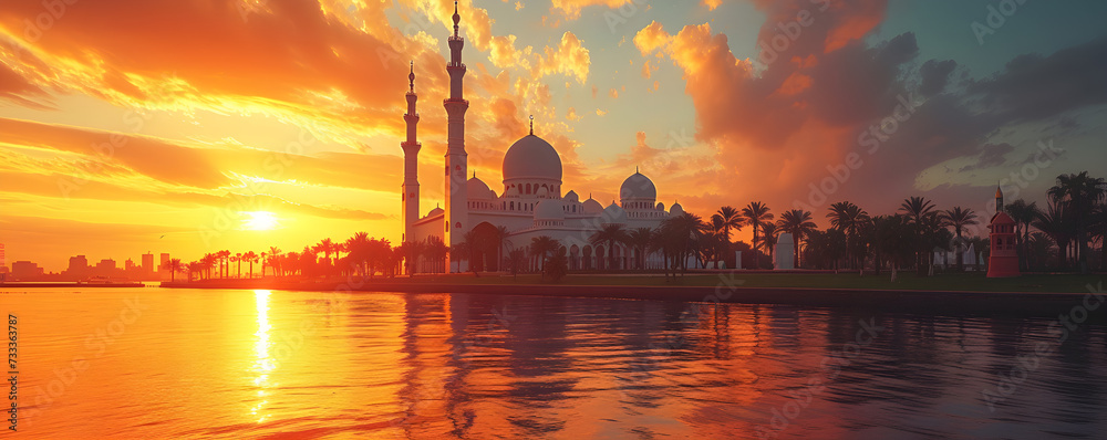 A beautiful mosque standing against a stunning sunset sky, representing the peaceful and spiritual atmosphere of Islamic culture. - obrazy, fototapety, plakaty 