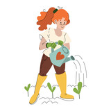 Gardening on the farm. A girl waters sprouts in a field from a watering can, spring work in the garden. Female gardener grows plant. Flat colored vector illustration isolated on white background.