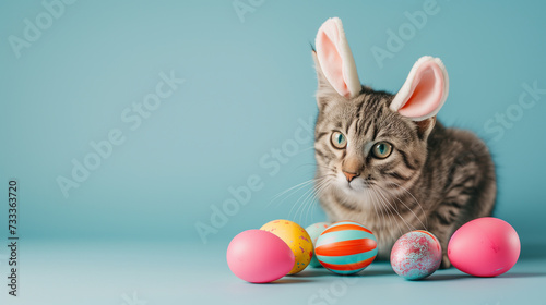 Cute cat wearing bunny ears costume with easter eggs in studio shot background for Happy Easter Concept