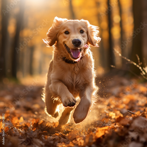 Golden retriver running in the autumn forest background photo