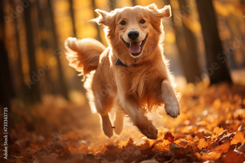 Golden retriver running in the autumn forest background