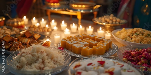 Festive table spread with candles and traditional dishes conjuring a warm, celebratory ambiance. perfect for cultural events. AI