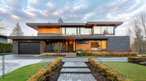 Front elevation details of a modern rural subdivision house built in British Columbia with interesting flat roof design  photo