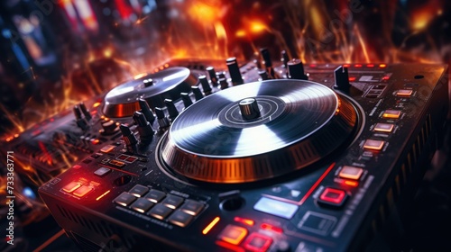 A close-up view of a DJ's turntable with a blurry background. Perfect for music-related projects or events photo