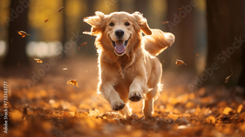 Golden retriver running in the autumn forest background