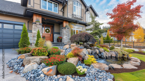 House exterior with beautiful front yard landscape with rocks and fountain