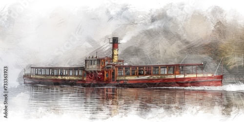 A painting of a steam boat floating on the water. Can be used for historical or maritime-themed projects
