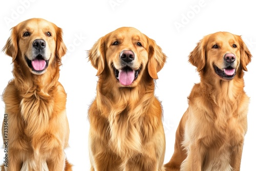 Three golden retrievers sitting side by side on a white background. Suitable for pet-related designs and advertisements