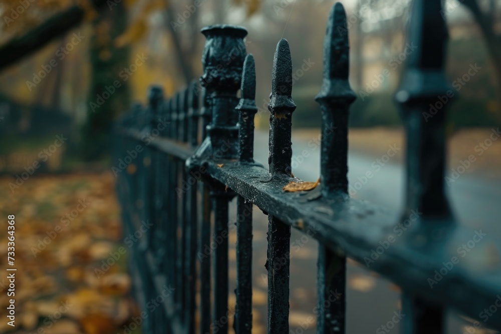 A picture of a black iron fence with fallen leaves on the ground. Suitable for various uses A picture of a black iron fence with fallen leaves on the ground. Suitable for various uses