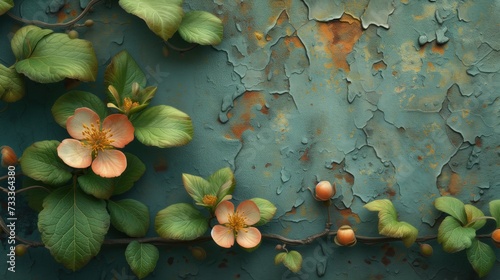 Kwiaty i liście wiją się na odpadającej ścianie photo