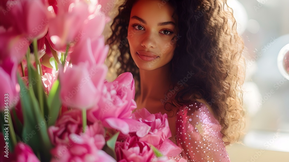 Naklejka premium Serene young woman admiring spring blooms, pastel tones and soft focus for calming imagery. ideal for wellness and lifestyle content. AI