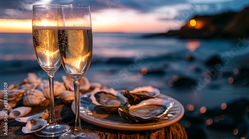 Luxory dinner with oyster food on sea beach near water wallpaper background 