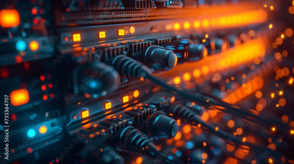 Close-up of network server equipment with glowing fiber optic cables in a modern data center. Close-up of network server equipment with glowing fiber optic cables in a modern data center.