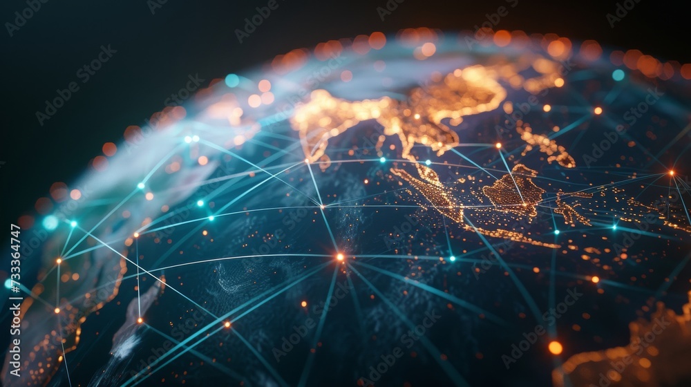 Illustration of a digital globe with glowing network connections, symbolizing global communication and data exchange. - obrazy, fototapety, plakaty 