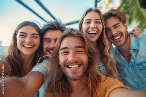 A jubilant group of youth, adorned in bright clothing, pose for a selfie under the sunny sky, their beaming faces and contagious laughter capturing the essence of friendship and carefree fun