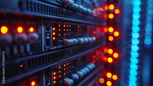 Close-up of network server equipment with glowing fiber optic cables in a modern data center.