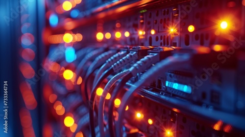 Close-up of network server equipment with glowing fiber optic cables in a modern data center.