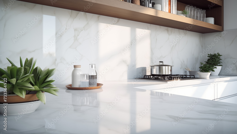 Closeup of white marble countertop with plants and dishes. Interior of ...