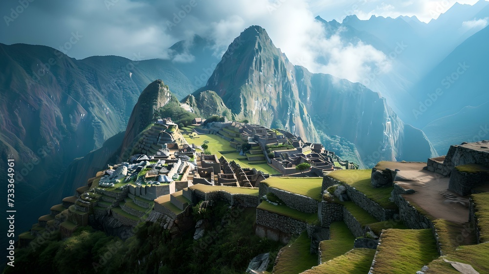 Majestic machu picchu under morning light, surrounded by andean mountains. iconic incan citadel landscape. historic ruins with stunning scenery. travel and heritage. AI - obrazy, fototapety, plakaty 
